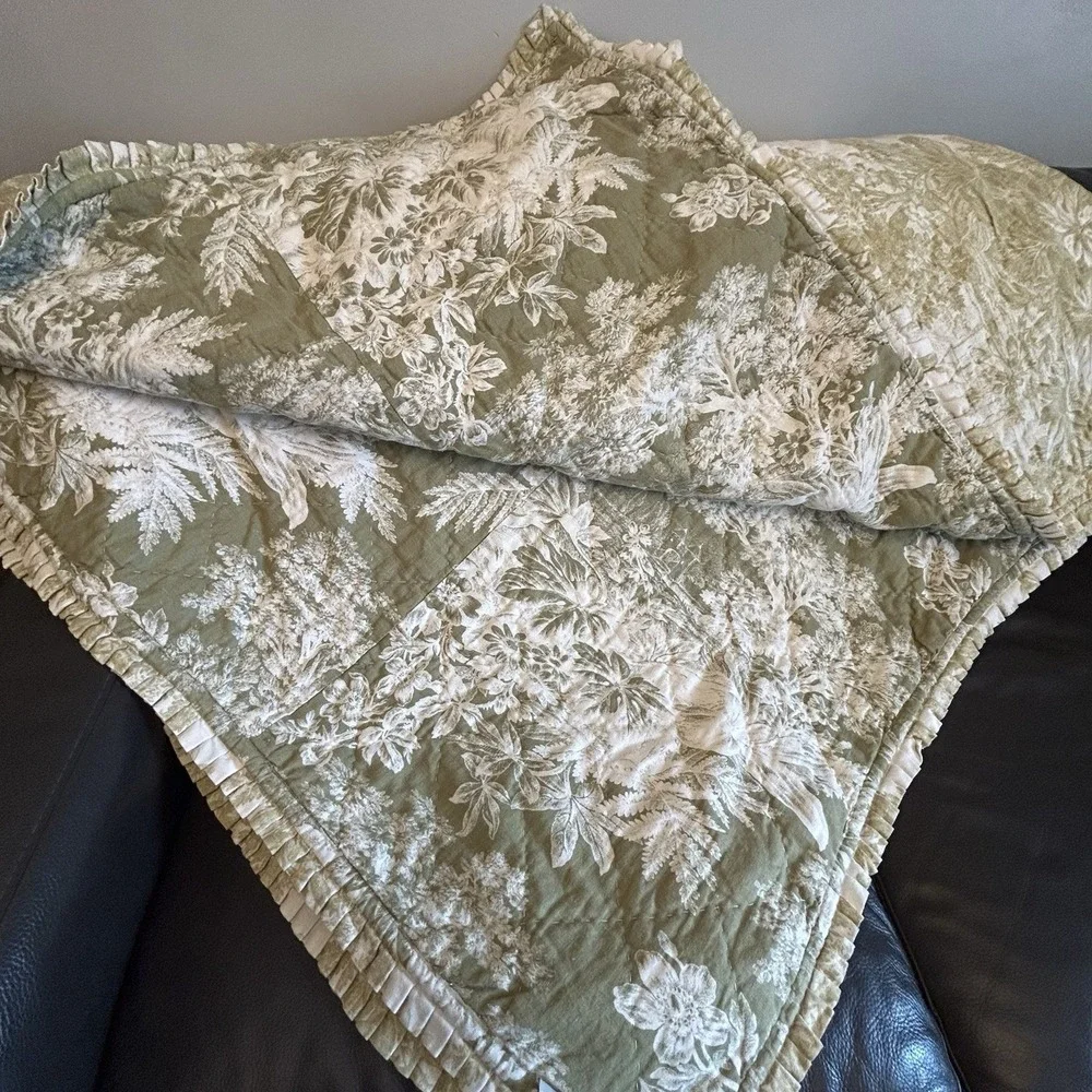 Pottery Barn Green Comforter Only  Toile Floral French Country Cottage Queen